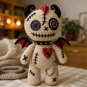 Puede incluir: Una muñeca de ganchillo beige con cuernos negros, una cresta roja y pequeñas alas rojas y negras. La muñeca tiene un ojo de botón negro, un ojo en espiral, una boca cosida, un collar negro con tachuelas, un corazón rojo y una cadena plateada.