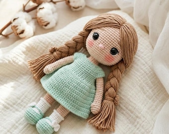 Patrón de crochet para amigurumi de corazón trenzado color menta / Muñeca fácil con trenzas (patrón PDF)