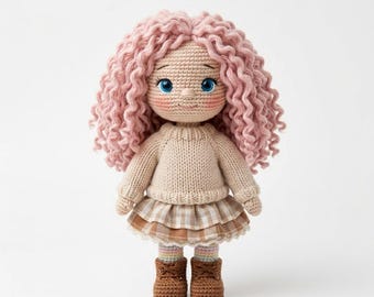 Patrón de crochet para muñeca Rosie de pelo rizado / Amigurumi en PDF (fácil de seguir)