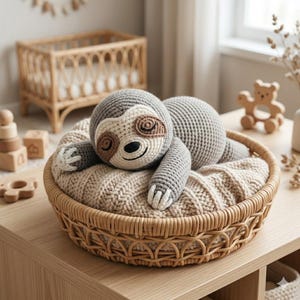 Puede incluir: Un juguete de perezoso tejido a ganchillo en una cesta de mimbre. El perezoso es gris y crema con detalles marrones en los ojos y una cara sonriente. Descansa sobre una manta de punto crema dentro de una cesta redonda de color marrón claro. La escena está ambientada sobre una superficie de madera.