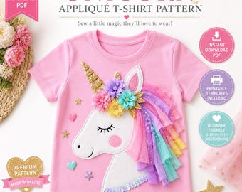 Unicorn Applique T-Shirt Pattern | Rainbow Ribbon Mane, Floral Crown (Digital Download)