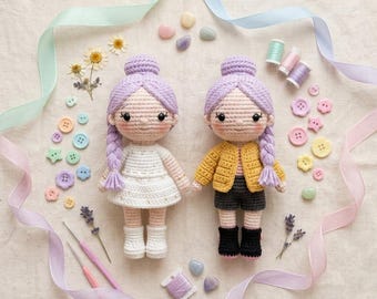 Patrón de amigurumi de gemelos lavanda hechos a mano: adorables opciones de peinados y atuendos lavanda para principiantes.