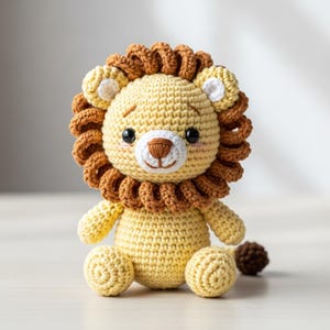 Puede incluir: Un juguete de león tejido a ganchillo con cuerpo amarillo, melena marrón y ojos negros. El animal de peluche hecho a mano tiene una cara sonriente y está sentado sobre una superficie de color claro. La melena del león es de un tono marrón más oscuro.