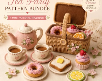 Patrón de costura para una mini cesta de picnic de fieltro con repostería (patrón digital en PDF)