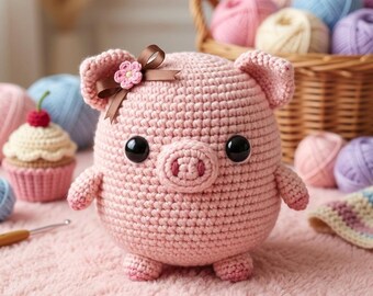 Patrón de ganchillo Amigurumi Piglet con botón de flor - Tutorial de juguete para bebé DIY