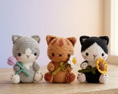 Crochet Kitten Amigurumi Pattern, Three Cats with Flowers, Beginner Plush Toy Tutorial (PDF)