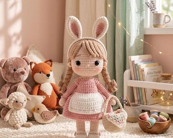 Patrón de crochet para muñeca conejita de pradera: muñeca amigurumi de pelo trenzado (descarga digital)