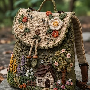 May include: A crochet backpack in olive green and beige featuring a flap decorated with white and orange flowers. The main body displays a three-dimensional scene with a small brown house, a tree, colorful flowers, and a fence, all crafted in yarn.