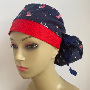 Women's Ponytail Surgical Scrub Hat - PPE - Christmas Holiday Hat - Christmas Trinkets and Red Dots