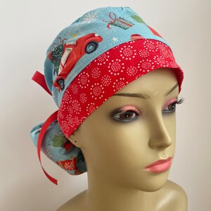 Women's Ponytail Surgical Scrub Hat - PPE - Christmas Holiday Hat - Christmas Tree Cars