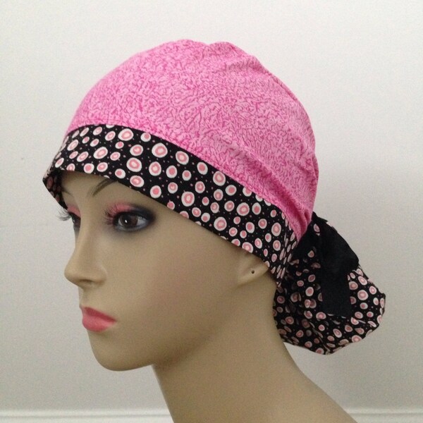 Women's Ponytail Surgical Scrub Cap - Pink and Black Dots