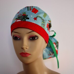Women's Ponytail Surgical Scrub Hat - PPE - Christmas Holiday Hat - Christmas Tree Cars