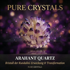 Könnte beinhalten: Nahaufnahme eines Clusters von Amethyst-Quarzkristallen mit einem Farbverlauf von lila und gelben Farbtönen. Die Worte "PURE CRYSTALS" stehen oben und "ARAHANT QUARTZ" unten. Der Hintergrund ist ein dunkles Lila mit Bokeh-Effekten.