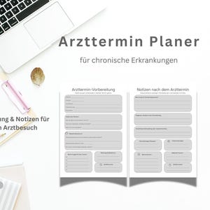 Könnte beinhalten: Ein Planer für Arzttermine mit dem Text "Arzttermin Planer" und "für chronische Erkrankungen". Der Planer enthält Abschnitte für Vorbereitung und Notizen, mit einem Laptop und Schreibwaren im Hintergrund.