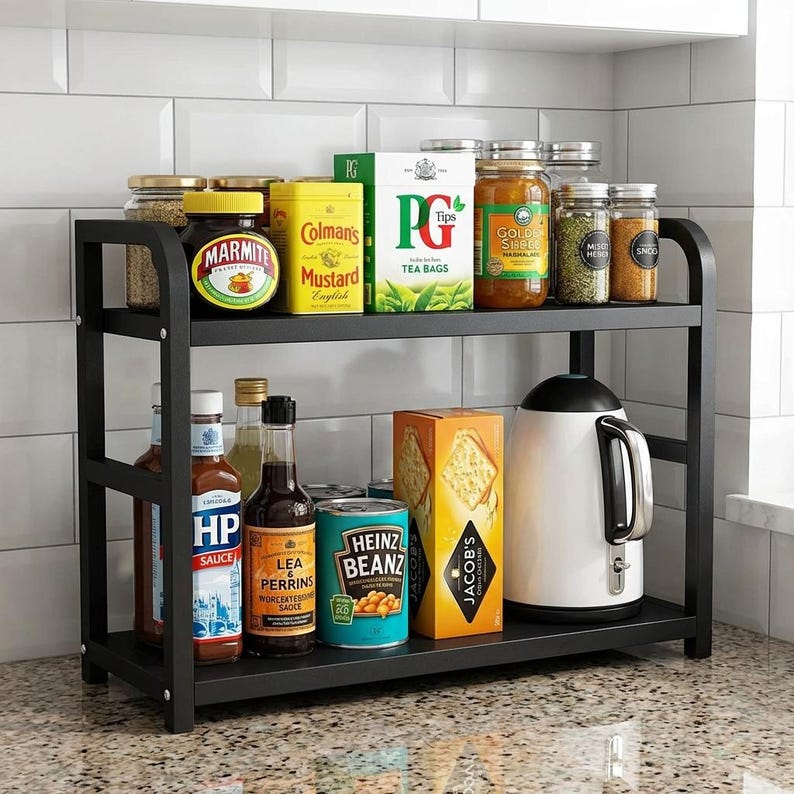 Shelf Rack Sauces 2 Tier Black Steel Kitchen Storage Rack | Worktop Organiser | Spice ...