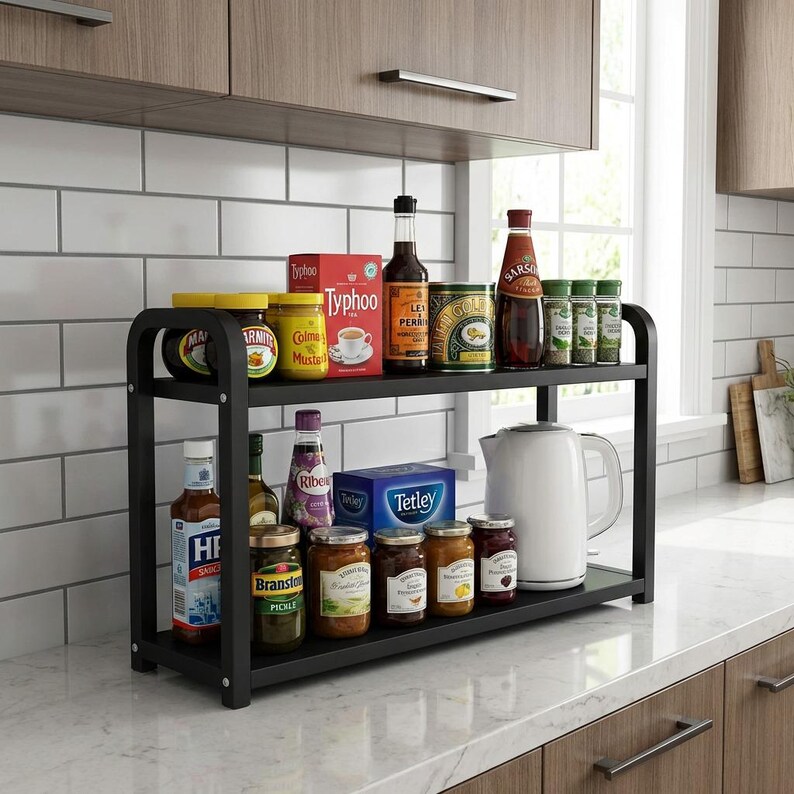 2 Tier Black Steel Kitchen Storage Rack | Worktop Organiser | Spice ...