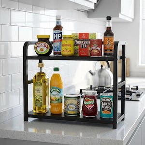 Estante de almacenamiento de cocina de acero negro de 2 niveles / Organizador de encimera / Estante para especias y condimentos