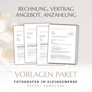 Peut inclure: Plusieurs documents en papier blanc avec du texte en allemand, dont "RECHNUNG, VERTRAG, ANGEBOT, ANZAHLUNG". Les documents sont étiquetés "Angebot", "Anzahlung" et "Rechnung". Le texte "VORLAGEN PAKET" est également visible.