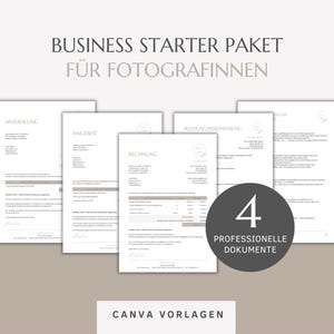 Könnte beinhalten: Ein Business-Starter-Paket für Fotografen mit vier professionellen Dokumenten. Das Bild zeigt mehrere weiße Dokumente mit Text, darunter "Anzahlung", "Angebot" und "Rechnung". Die Dokumente sind vor einem neutralen Hintergrund angeordnet.