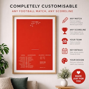 Könnte beinhalten: Ein gerahmtes rotes Poster mit weißem Text und Grafiken. Der Text des Posters lautet "VOLLSTÄNDIG ANPASSBAR" und "JEDES FUSSBALLSPIEL, JEDES ERGEBNIS." Zusätzlicher Text lautet "JEDES SPIEL", "JEDES ERGEBNIS", "DEIN TEAM" und "WICHTIGE DETAILS."