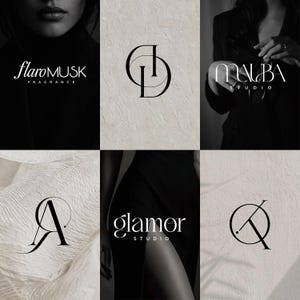 Könnte beinhalten: Eine Sammlung von sechs schwarz-weißen Grafikdesign-Elementen mit verschiedenen Logos und Typografien. Die Designs enthalten den Text flaroMUSK FRAGRANCE, MAUBA STUDIO und glamor STUDIO sowie drei verschiedene kreisförmige und lineare Monogrammsymbole.