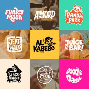 以下が含まれることがあります： Funky Mash、Almord、Panda Park、Jeat Walk、ドクロのアイコンが付いたAl Kabebo、Juice Bar、Black Rabbit Coffee、The Golf Club、Doodle Dashなど、様々なタイポグラフィとイラストを特徴とする9つの異なるグラフィックロゴのグリッド。