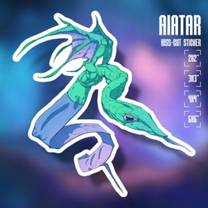 May include: A kiss-cut sticker featuring a stylized green and blue serpentine creature with wings and a long tail. The text AIATAR KISS-CUT STICKER is visible along with size options 2x2, 3x3, 4x4, and 6x6 inches listed in a vertical column.