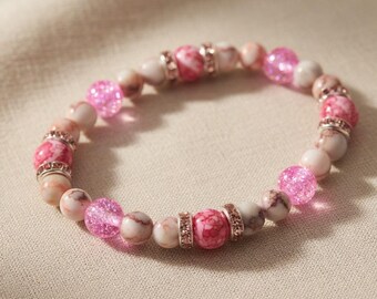 Pink Jasper Crackle Glass Beaded Bracelet, Rose Gold Rhinestone Spacers, Handmade Stretch Jewelry