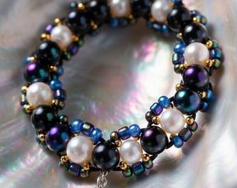Handmade Black onyx and pearl Bracelet – Iridescent Navy Crystal Gold Accents Ocean Jewelry