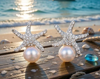 Sterling Silver Pearl Starfish Earrings | CZ Nautical Ocean Jewelry