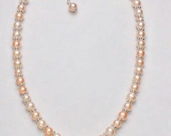 Freshwater Pearl Necklace, Peach Ivory Tones, Moissanite Sterling Silver Pendant, Bridal Jewelry
