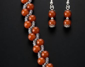 Handmade Carnelian Beaded Bracelet Earrings Set –  Silver Boho Jewelry