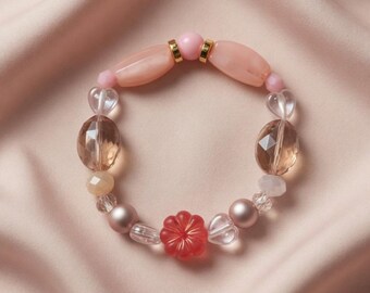 Handmade Pink Crystal Beaded Bracelet, Rose Quartz Flower Charm, Boho Jewelry