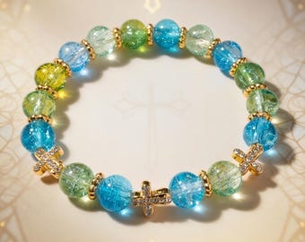 Blue Turquoise Crackle Glass Beaded Bracelet with Cross Charms – Christian Faith Jewelry