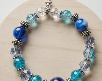 Ocean Anchor Charm Stretch Bracelet – Blue Glass Beads Nautical Jewelry