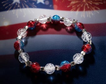 Red White Blue Crackle Bead Bracelet – Silver Stars, Independence Day Jewelry