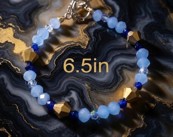 Handmade Frosted Blue Beaded Bracelet, Gold Accents, Silver Toggle Clasp, 6.5 Inch