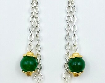 Handmade Green Jade & Yellow Crackle Glass Long Chain Dangle Earrings - Silver Boho Statement Jewelry