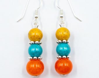 Handmade Beaded Dangle Earrings - Orange, Turquoise & Yellow Jasper | Boho Gemstone Earrings | Gift for Her