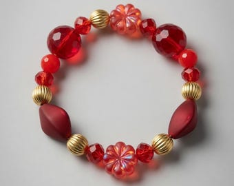 Red Crystal Beaded Bracelet – Gold Accents, Stretch Fit Statement Jewelry