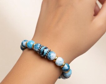 Blue Lampwork Glass Stretch Bracelet – Turquoise Marble Boho Jewelry for Women