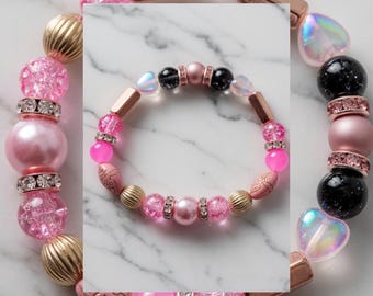Pink Black Beaded Bracelet, Rose Quartz Heart, Crystal Pearl Stretch Jewelry