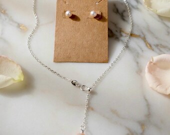 Sterling Silver Pearl Lariat Necklace & Stud Earrings Set | Freshwater Pearl Jewelry