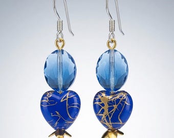 Blue Kintsugi Heart Earrings | Sterling Silver, Faceted Crystal Dangle Jewelry