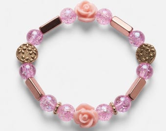 Pink Rose Charm Beaded Bracelet – Iridescent Crystal, Rose Gold Accents, Stackable Jewelry