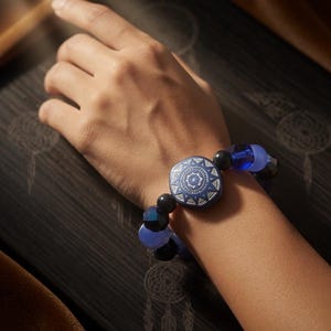 Könnte beinhalten: Ein blau-schwarzes Perlenarmband mit einer quadratischen Mittelperle mit weißem geometrischen Design. Das Armband liegt auf einer dunklen Oberfläche mit einem Traumfänger-Design.