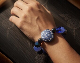 Handmade Blue Beaded Bracelet with Native American Motifs | Boho Tribal Medallion Bracelet | Spiritual Protection Jewelry Gift for Her