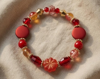 Red Gold Beaded Bracelet – Czech Glass Flower Focal, Matte Coins, Stretch Handmade Jewelry