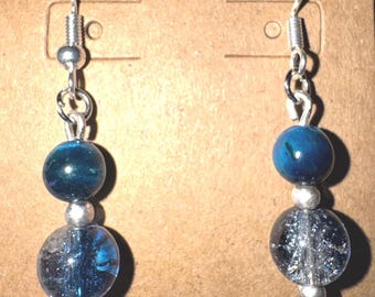 Blue Tiger's Eye Crackle Glass Sterling Silver Dangle Earrings, Boho Mystic Gemstone Jewelry