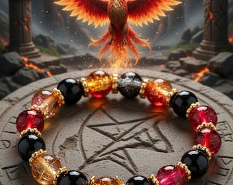 Crackle Glass Beaded Bracelet - Phoenix Fire Red Orange Black Stretch Bracelet